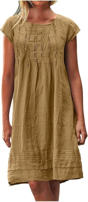 Women's Cotton Linen Midi Dress Plus Size Cap Sleeve Pleated Summer T-Shirt Dresses Beach Crewneck Cute Sundresses