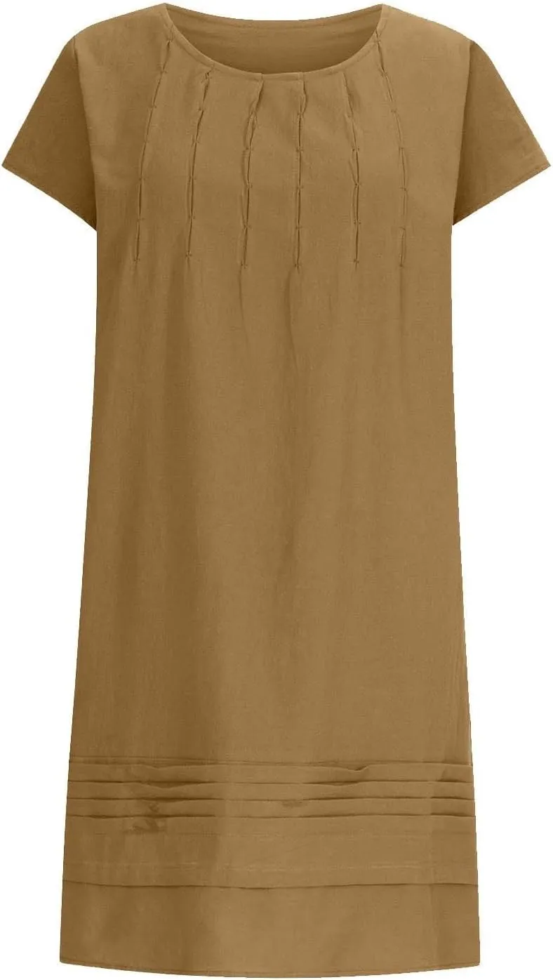 Women's Cotton Linen Midi Dress Plus Size Cap Sleeve Pleated Summer T-Shirt Dresses Beach Crewneck Cute Sundresses