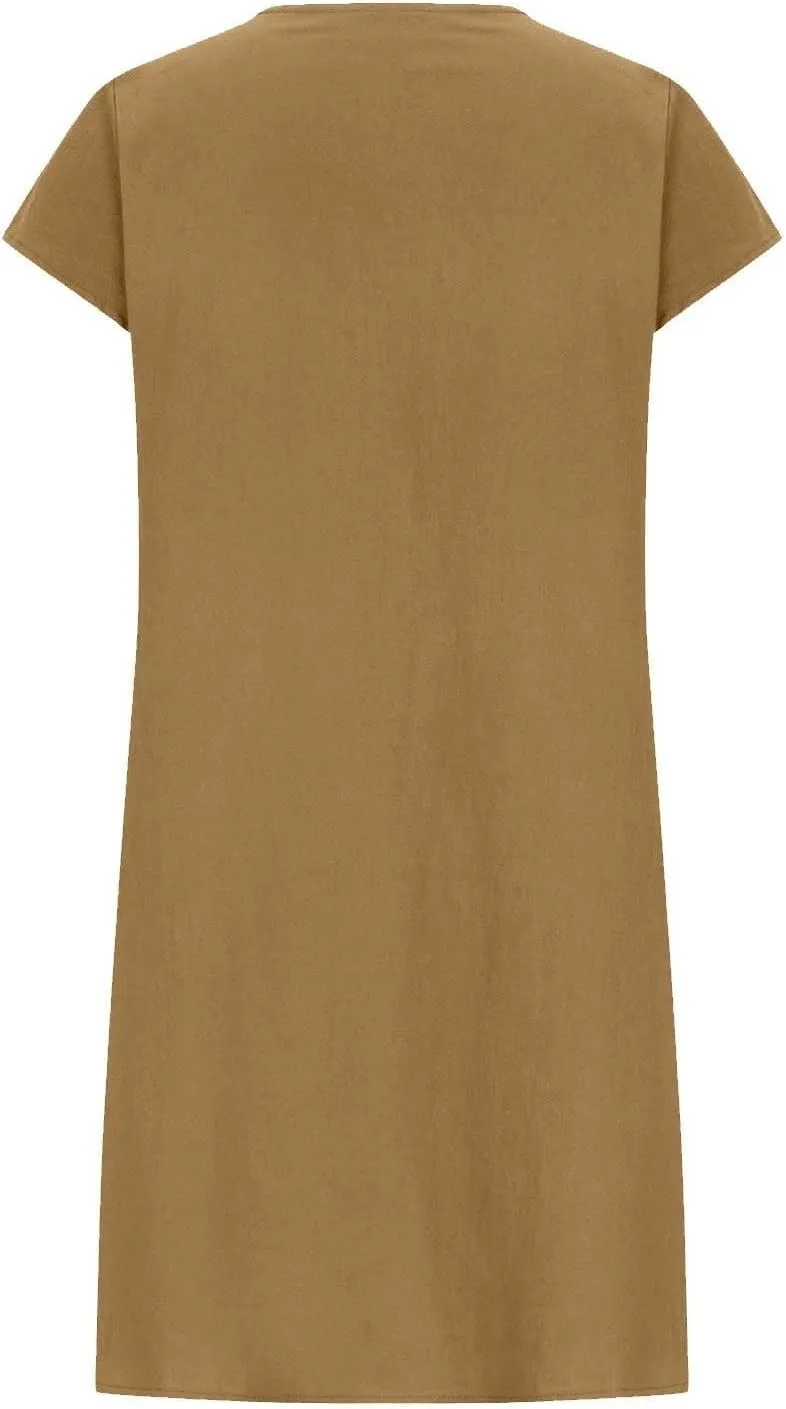Women's Cotton Linen Midi Dress Plus Size Cap Sleeve Pleated Summer T-Shirt Dresses Beach Crewneck Cute Sundresses