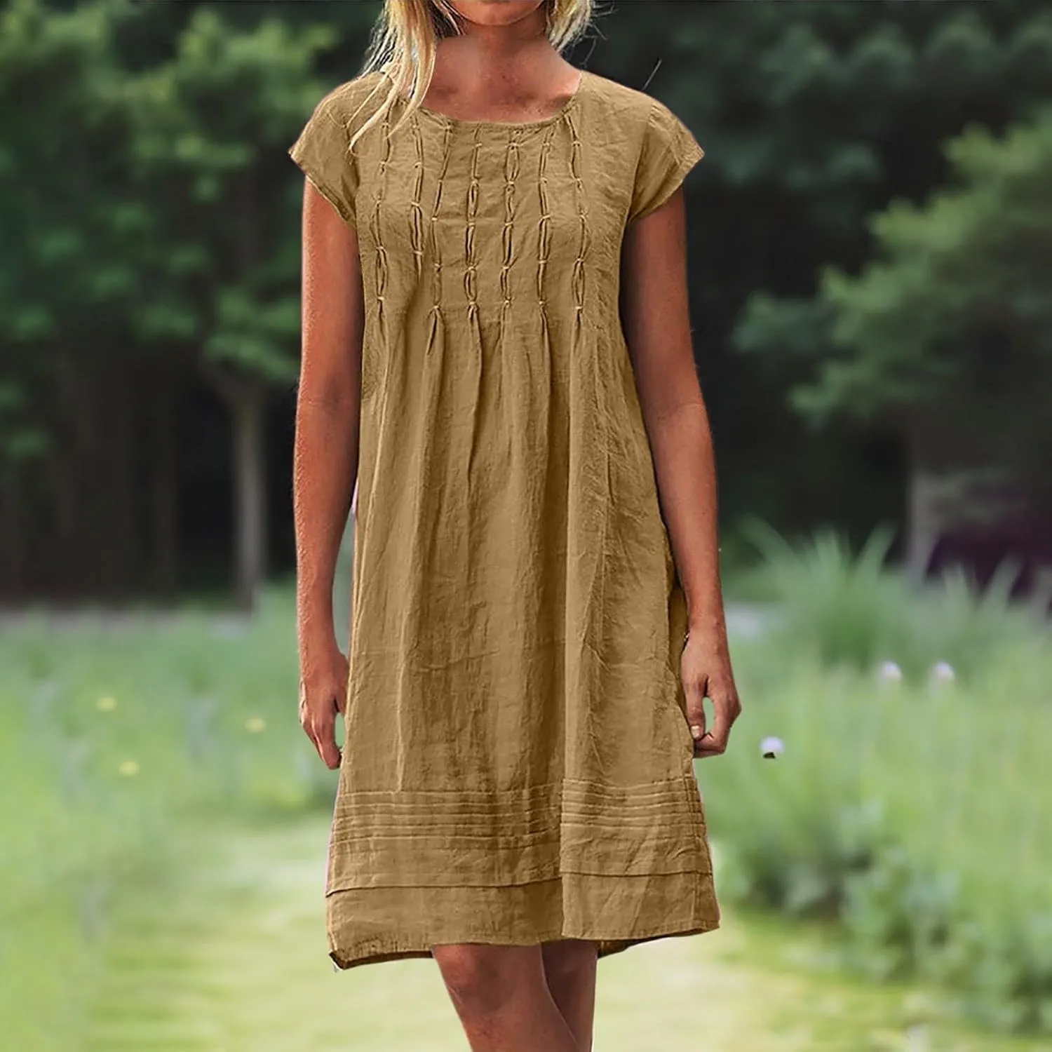 Women's Cotton Linen Midi Dress Plus Size Cap Sleeve Pleated Summer T-Shirt Dresses Beach Crewneck Cute Sundresses