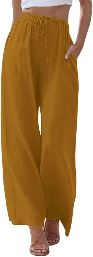 Women's Cotton Linen Pants Baggy Cool Lightweight Summer Hiking Lounge Pants Solid Color Drawstring Wide Leg Trousers