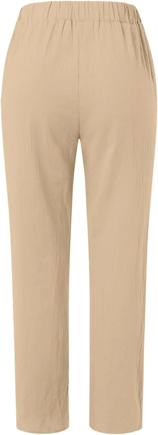 Women's Cotton Linen Pants Fashion Summer Casual Loose Elastic High Waisted Ankle Slacks Comfy Beach Trousers Pockets