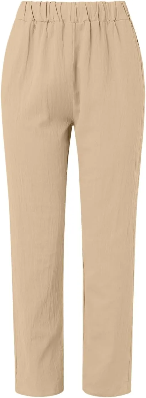 Women's Cotton Linen Pants Fashion Summer Casual Loose Elastic High Waisted Ankle Slacks Comfy Beach Trousers Pockets