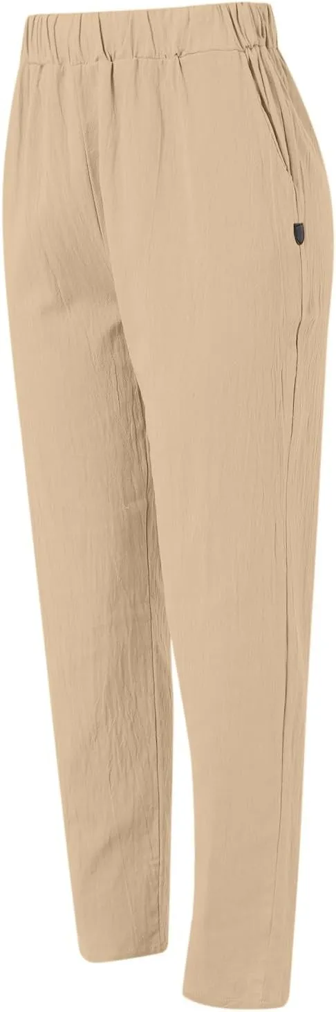 Women's Cotton Linen Pants Fashion Summer Casual Loose Elastic High Waisted Ankle Slacks Comfy Beach Trousers Pockets