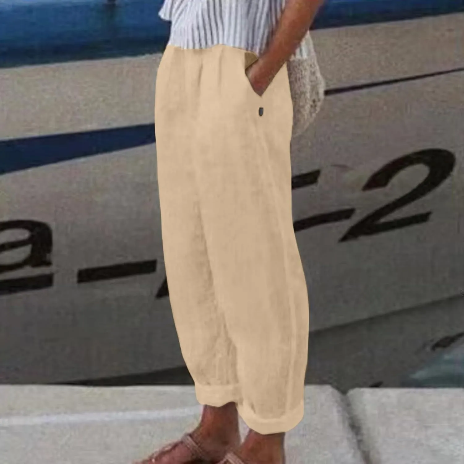 Women's Cotton Linen Pants Fashion Summer Casual Loose Elastic High Waisted Ankle Slacks Comfy Beach Trousers Pockets