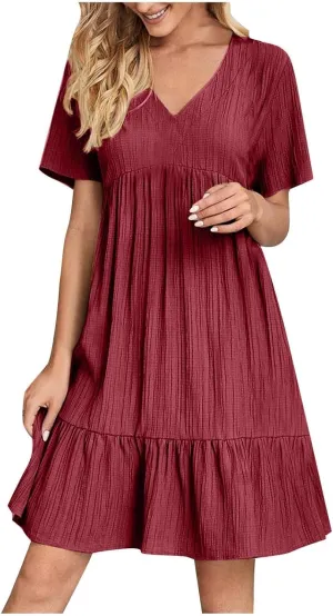 Women's Cotton Linen Short Sleeve Casual V Neck Mini Dress A Line Loose Pleated Flowy Dresses Beach Vacation Outfits