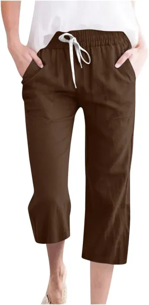 Womens Cotton Linen Summer Pull On Pant Trousers High Waist Wide Leg Plus Size Palazzo Pants Office