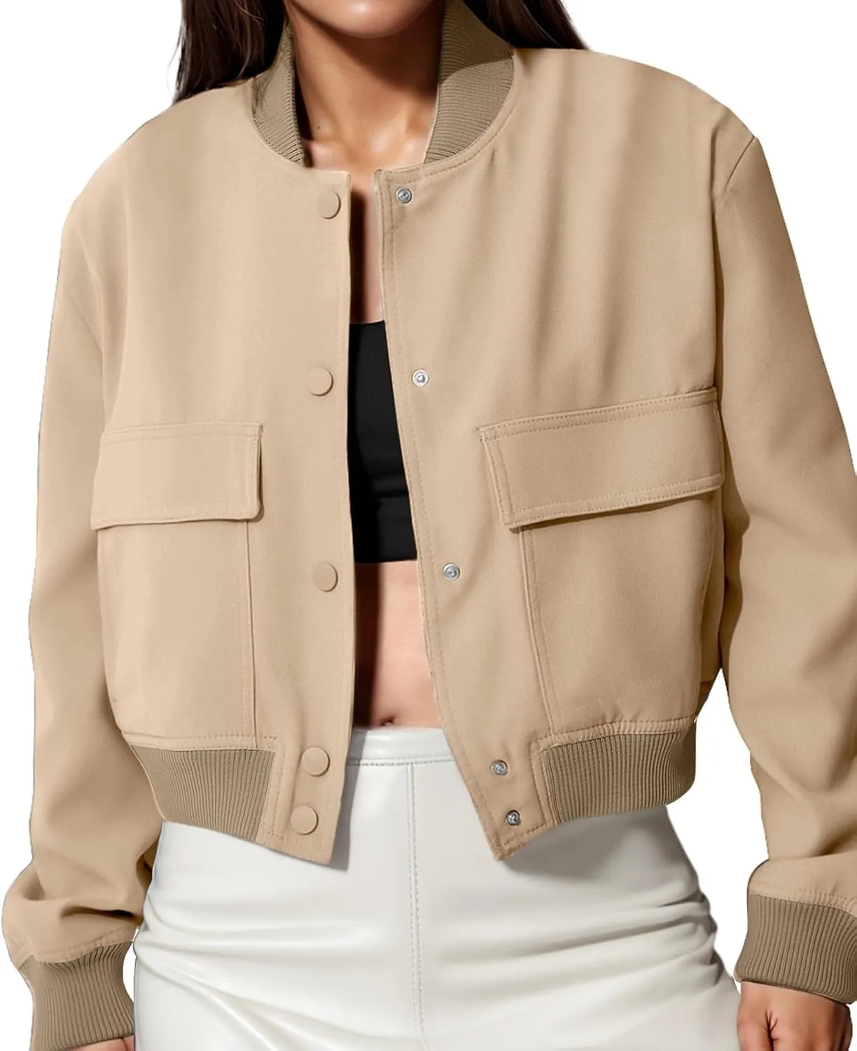 womens Cropped Bomber Jacket Button Down Varsity Jackets Shackets With Pockets
