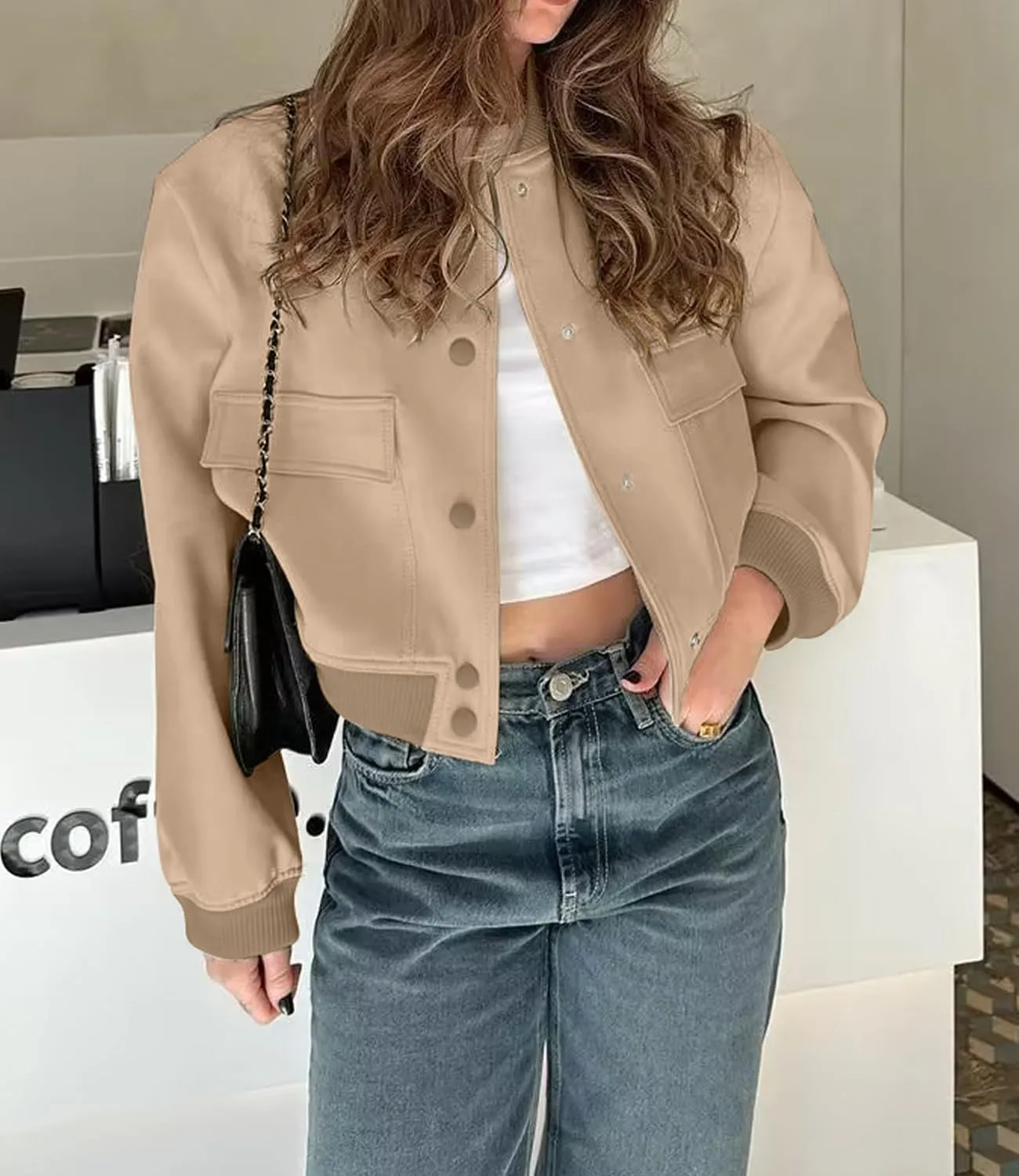womens Cropped Bomber Jacket Button Down Varsity Jackets Shackets With Pockets