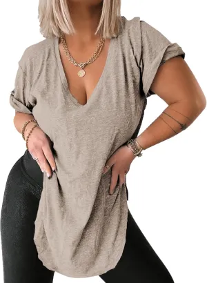 Womens Deep V Neck Tops Summer Short Sleeve Oversized T Shirt Side Slit High Low Tunic Tops