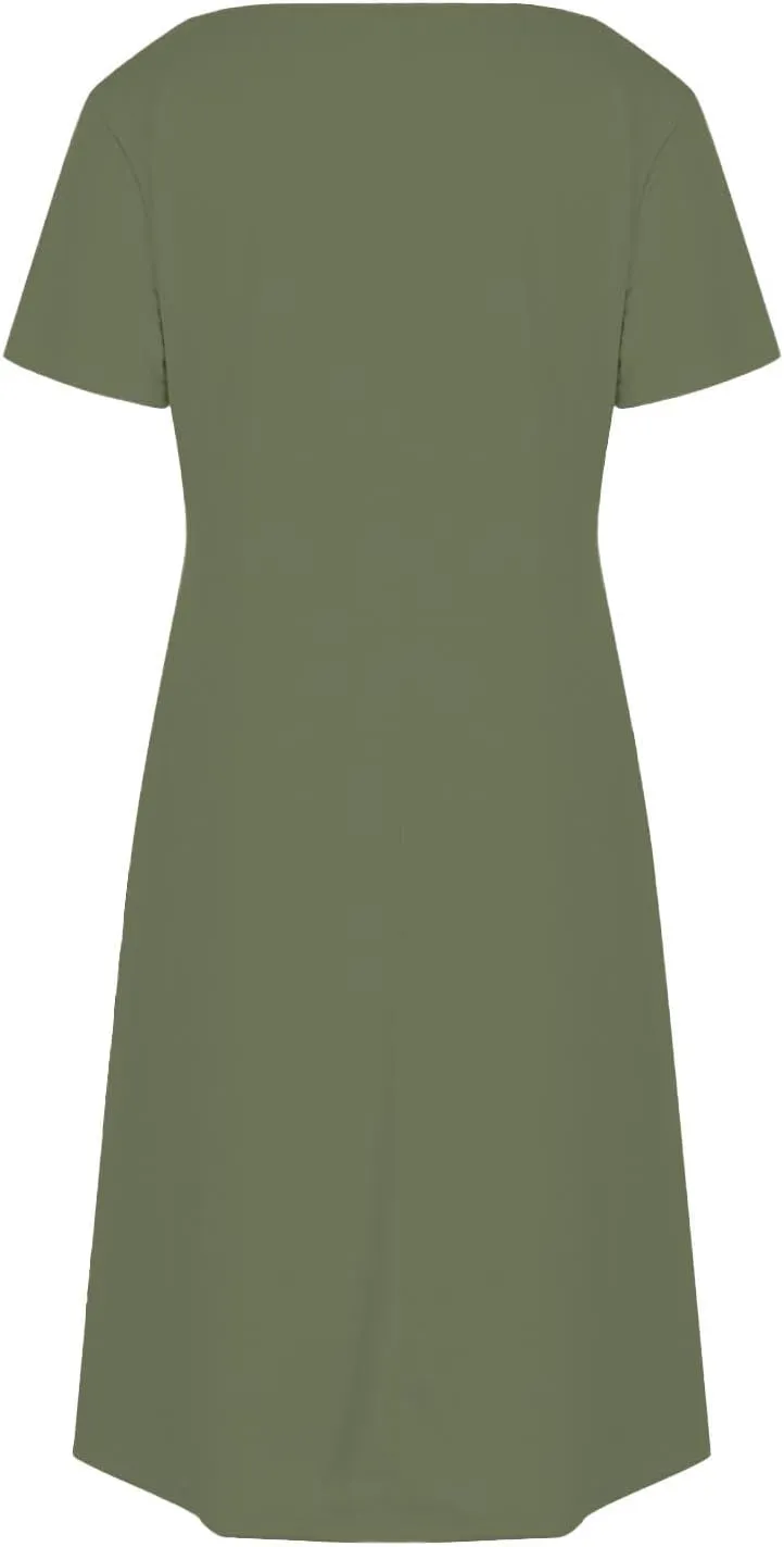 Womens Dress Loose Fit V Neck Casual Solid Color 2025 Summer Dresses Fashion Short Sleeve Mini Dress with Pockets