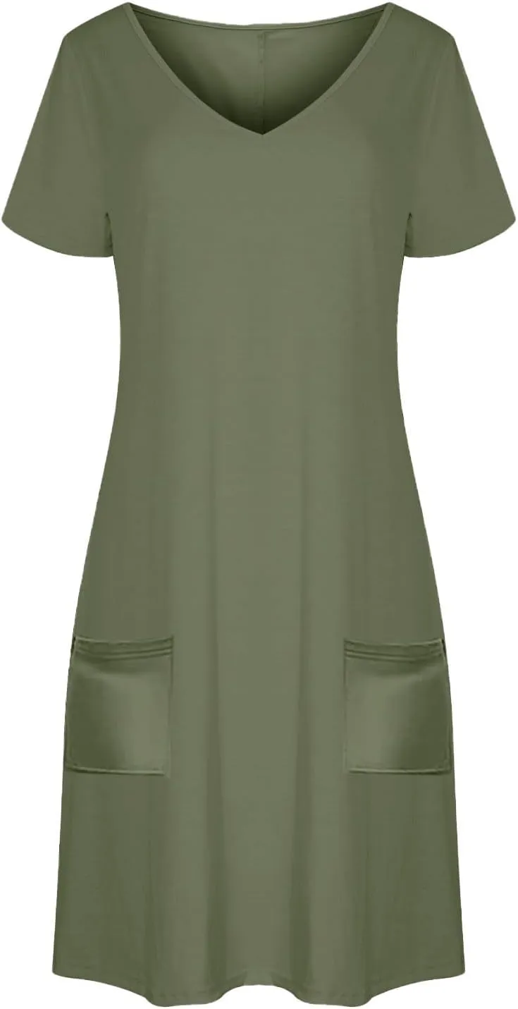 Womens Dress Loose Fit V Neck Casual Solid Color 2025 Summer Dresses Fashion Short Sleeve Mini Dress with Pockets