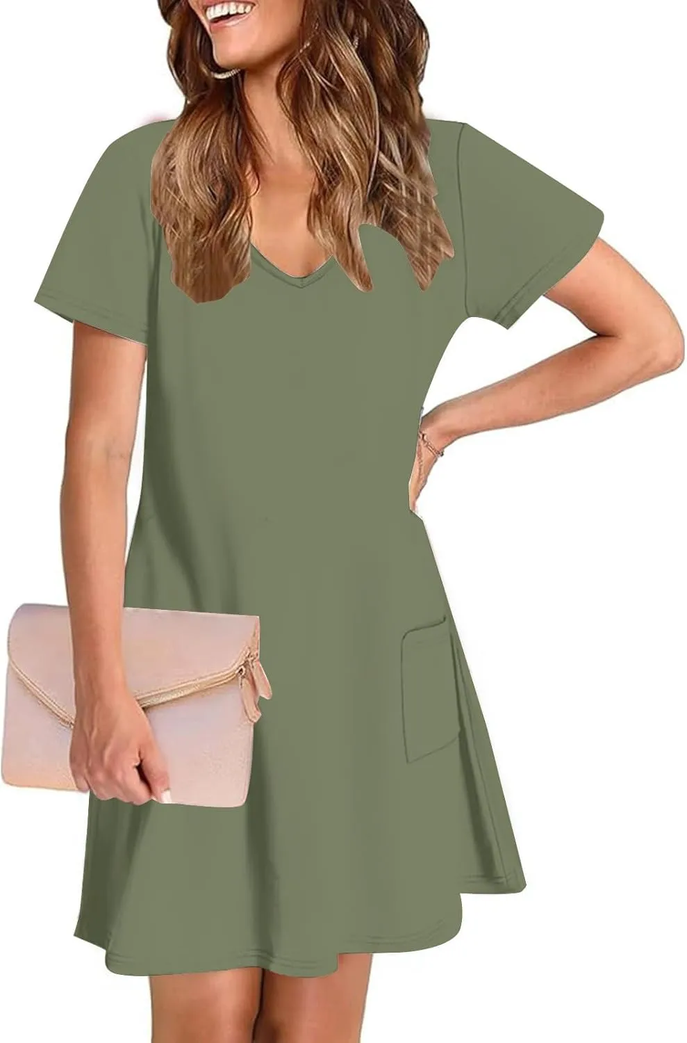 Womens Dress Loose Fit V Neck Casual Solid Color 2025 Summer Dresses Fashion Short Sleeve Mini Dress with Pockets