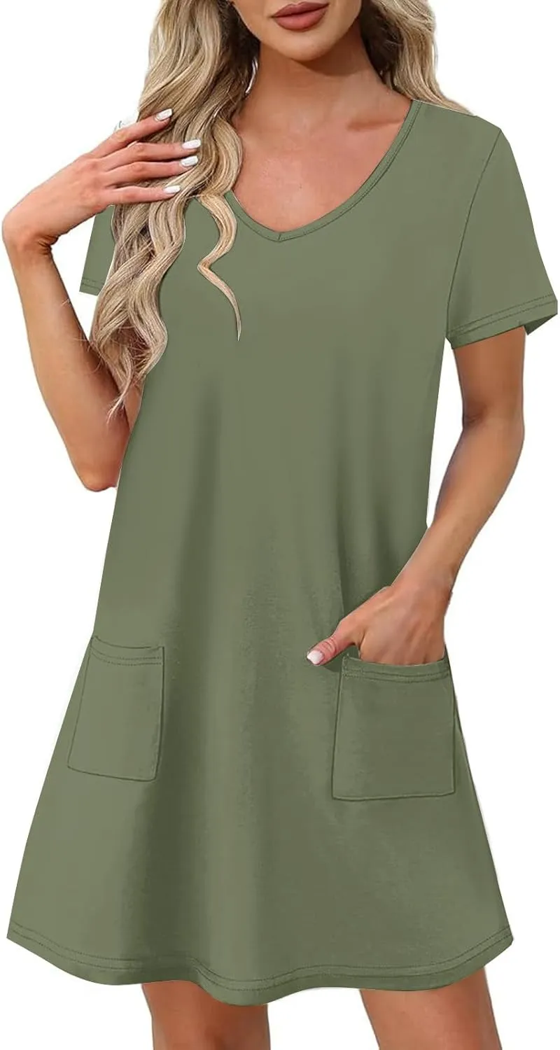 Womens Dress Loose Fit V Neck Casual Solid Color 2025 Summer Dresses Fashion Short Sleeve Mini Dress with Pockets