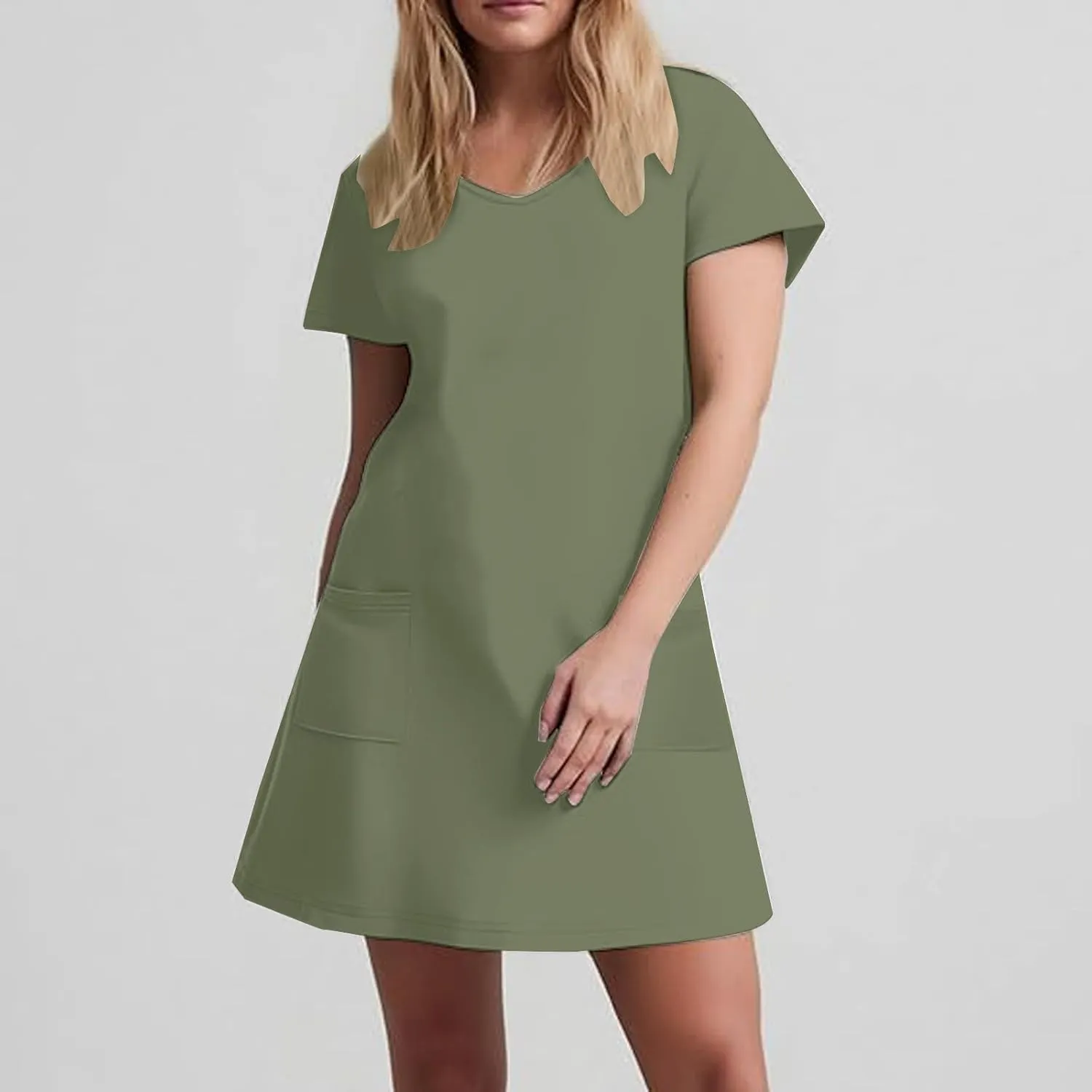 Womens Dress Loose Fit V Neck Casual Solid Color 2025 Summer Dresses Fashion Short Sleeve Mini Dress with Pockets