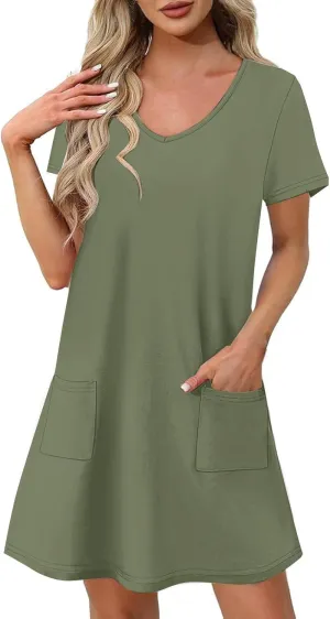 Womens Dress Loose Fit V Neck Casual Solid Color 2025 Summer Dresses Fashion Short Sleeve Mini Dress with Pockets