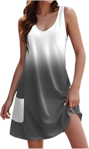 Women's Dresses 2024 Summer Beach Casual Sundress Sleeveless Floral Print Boho V Neck Loose Tank Dress with Pocket