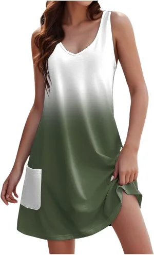 Women's Dresses 2024 Summer Beach Casual Sundress Sleeveless Floral Print Boho V Neck Loose Tank Dress with Pocket