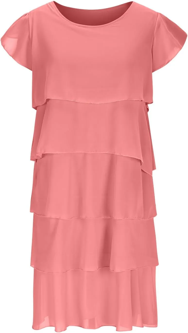 Women's Dresses Fashion Layered Ruffle Wedding Guest Dress Plus Size Round Neck 2025 Trendy Summer Dresses M-5XL