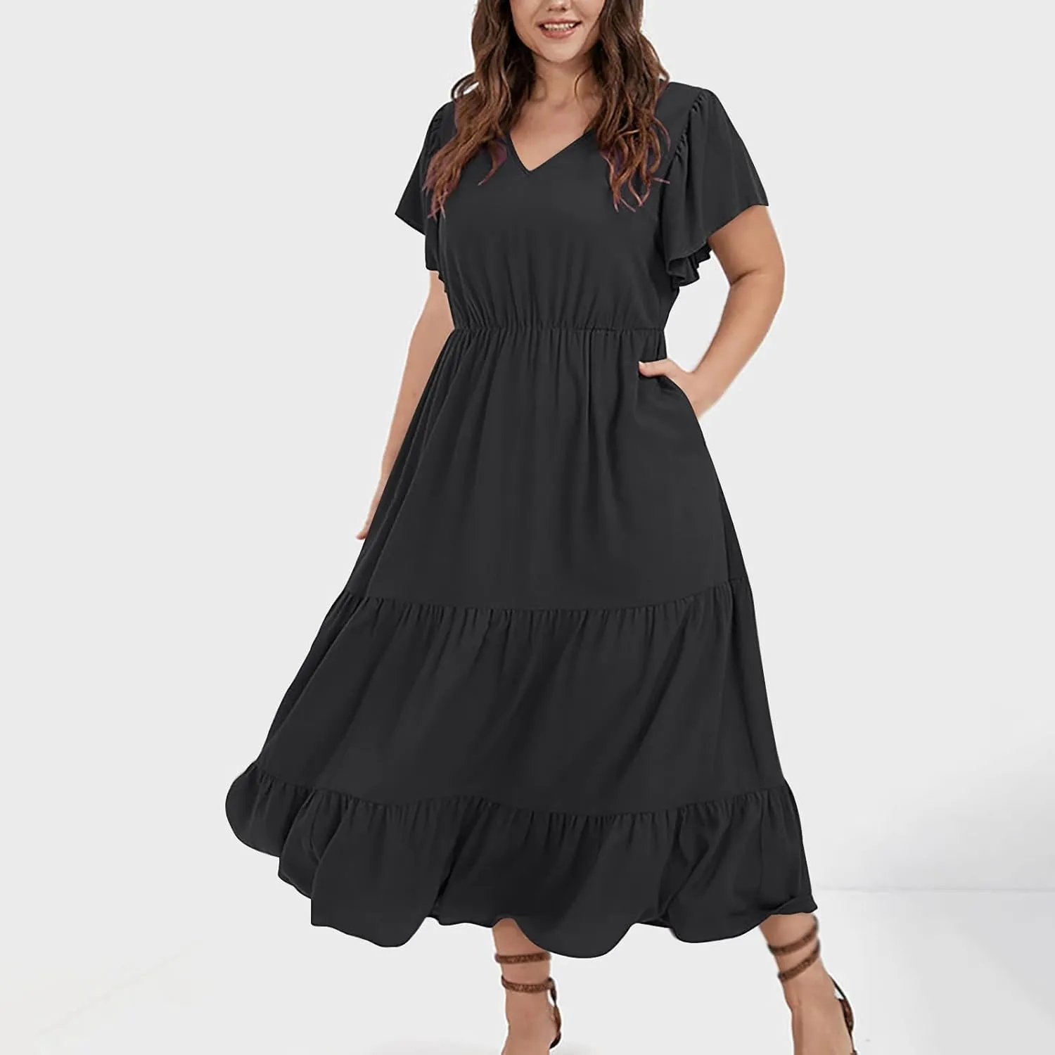 Womens Elegant Smocked Dresses V Neck Ruffle Sleeve Round Neck Solid Loose Short Flowy Pleated Mini Babydoll Dress
