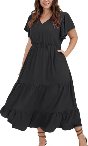Womens Elegant Smocked Dresses V Neck Ruffle Sleeve Round Neck Solid Loose Short Flowy Pleated Mini Babydoll Dress