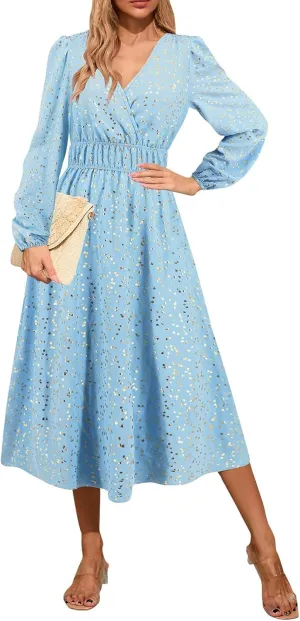 Women's Fall Maxi Dress V Neck Long Sleeve Tiered Ruffle Flowy A Line Cocktail Party Dresses