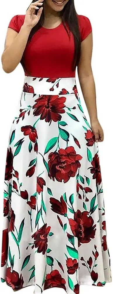 Womens Fashion Casual Floral Printed Maxi Dress Short Sleeve Party Long Max Dress