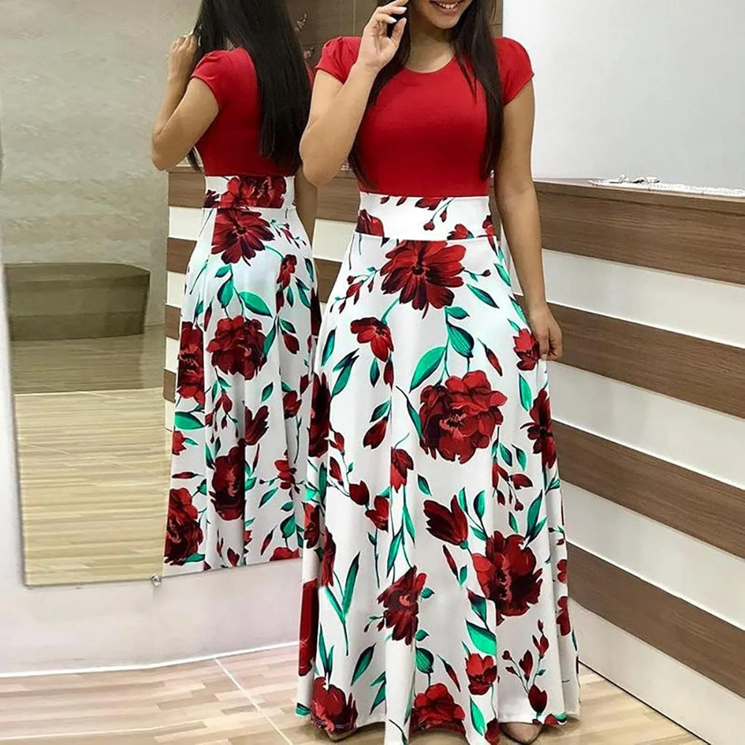 Womens Fashion Casual Floral Printed Maxi Dress Short Sleeve Party Long Max Dress