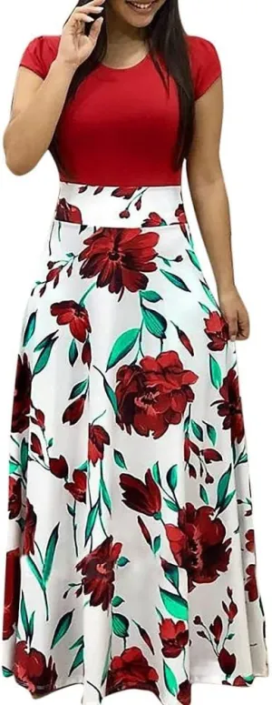 Womens Fashion Casual Floral Printed Maxi Dress Short Sleeve Party Long Max Dress