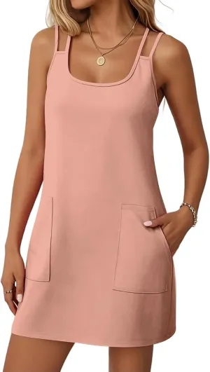 Womens Fashion Casual Solid Color Dress Double Halter Spaghetti Straps with Pockets Ladies 2025 Summer Sundresses