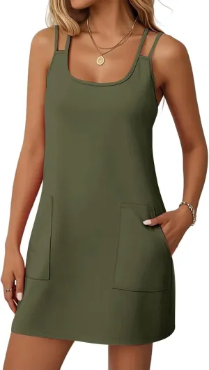 Womens Fashion Casual Solid Color Dress Double Halter Spaghetti Straps with Pockets Ladies 2025 Summer Sundresses