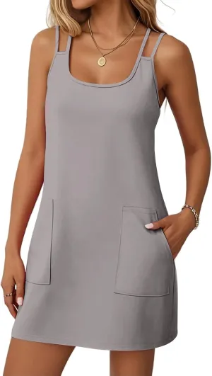 Womens Fashion Casual Solid Color Dress Double Halter Spaghetti Straps with Pockets Ladies 2025 Summer Sundresses
