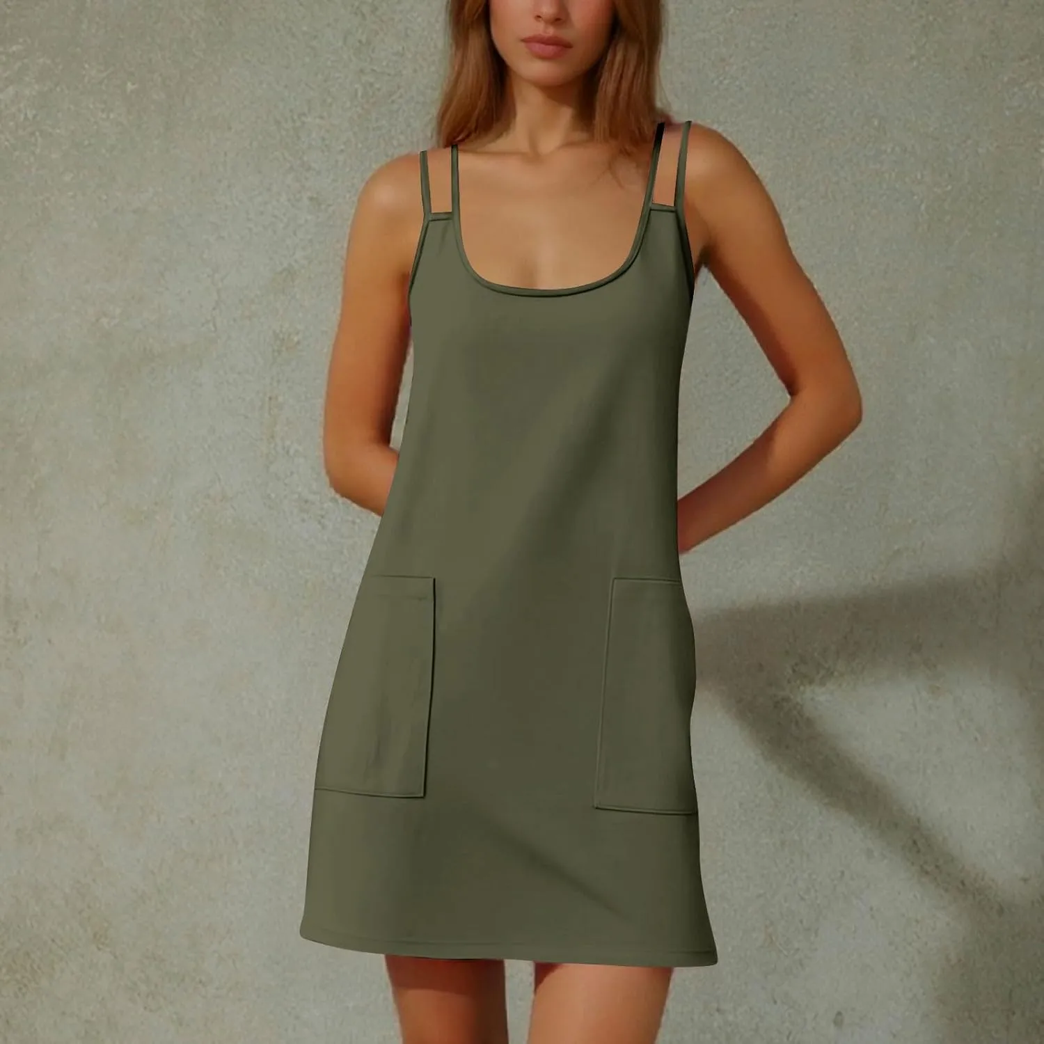 Womens Fashion Casual Solid Color Dress Double Halter Spaghetti Straps with Pockets Ladies 2025 Summer Sundresses