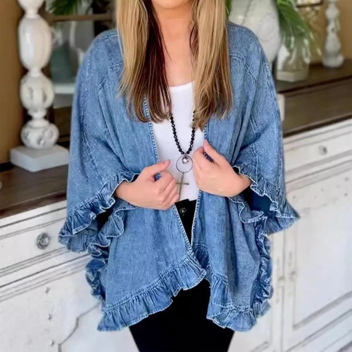 Women's Fashion Ruffle Denim Jacket Shawl Loose Fit Cloak Coat Jacket Washed Destroyed Denim Jackets Poncho Cape