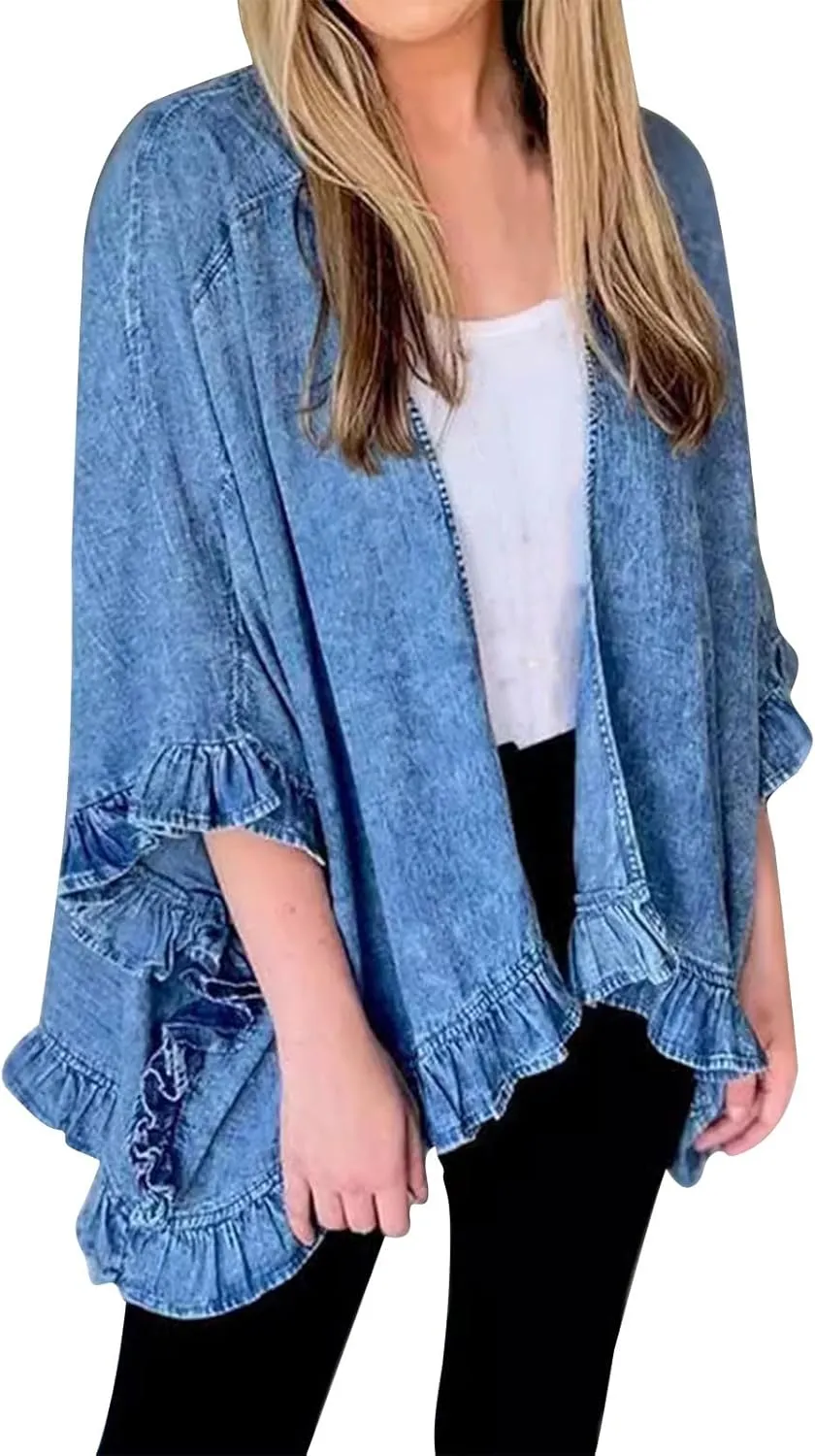 Women's Fashion Ruffle Denim Jacket Shawl Loose Fit Cloak Coat Jacket Washed Destroyed Denim Jackets Poncho Cape