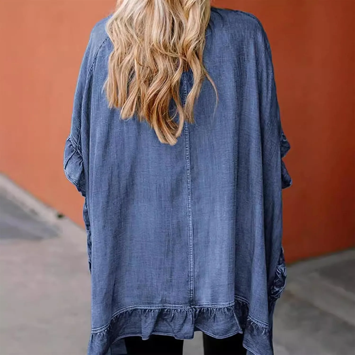 Women's Fashion Ruffle Denim Jacket Shawl Loose Fit Cloak Coat Jacket Washed Destroyed Denim Jackets Poncho Cape