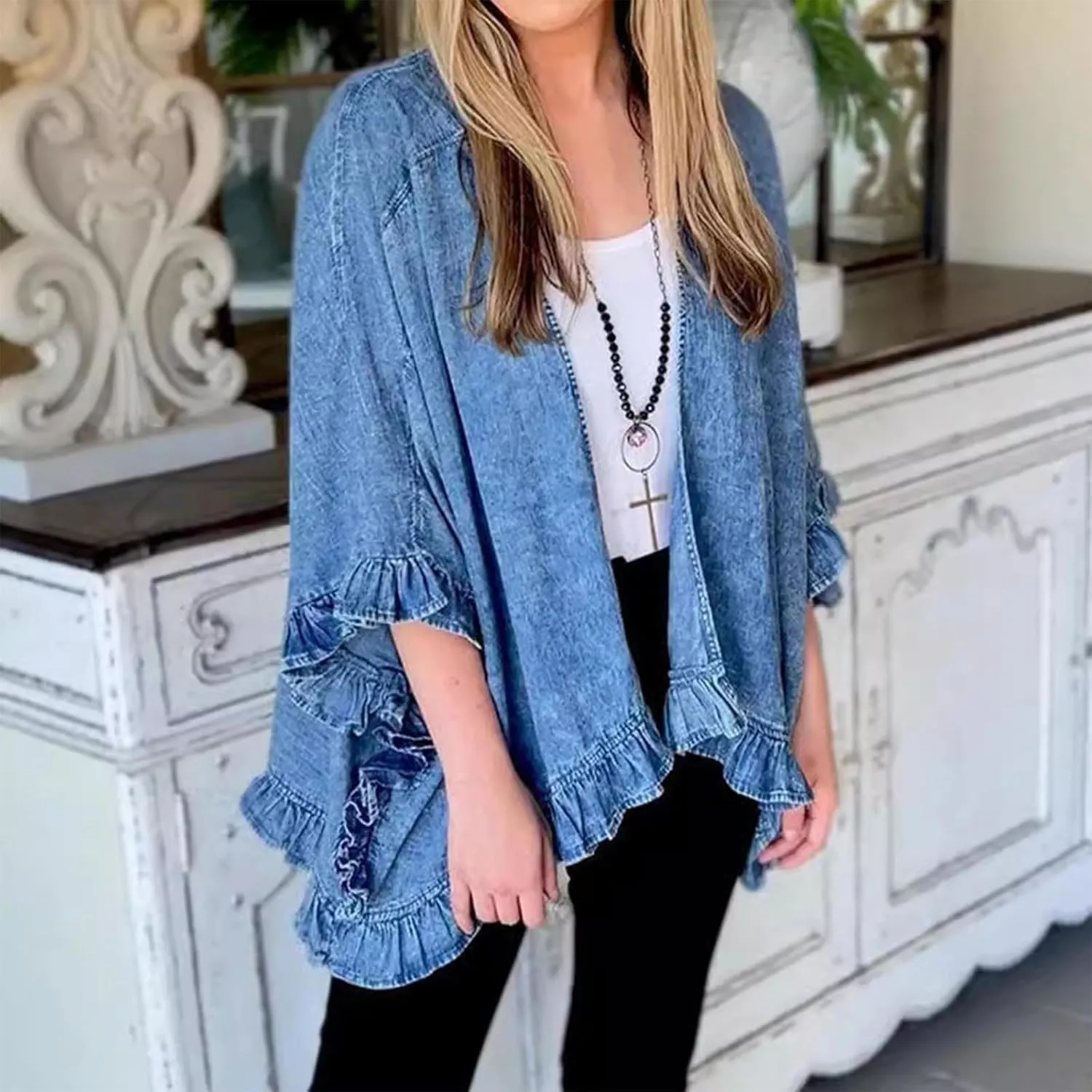 Women's Fashion Ruffle Denim Jacket Shawl Loose Fit Cloak Coat Jacket Washed Destroyed Denim Jackets Poncho Cape