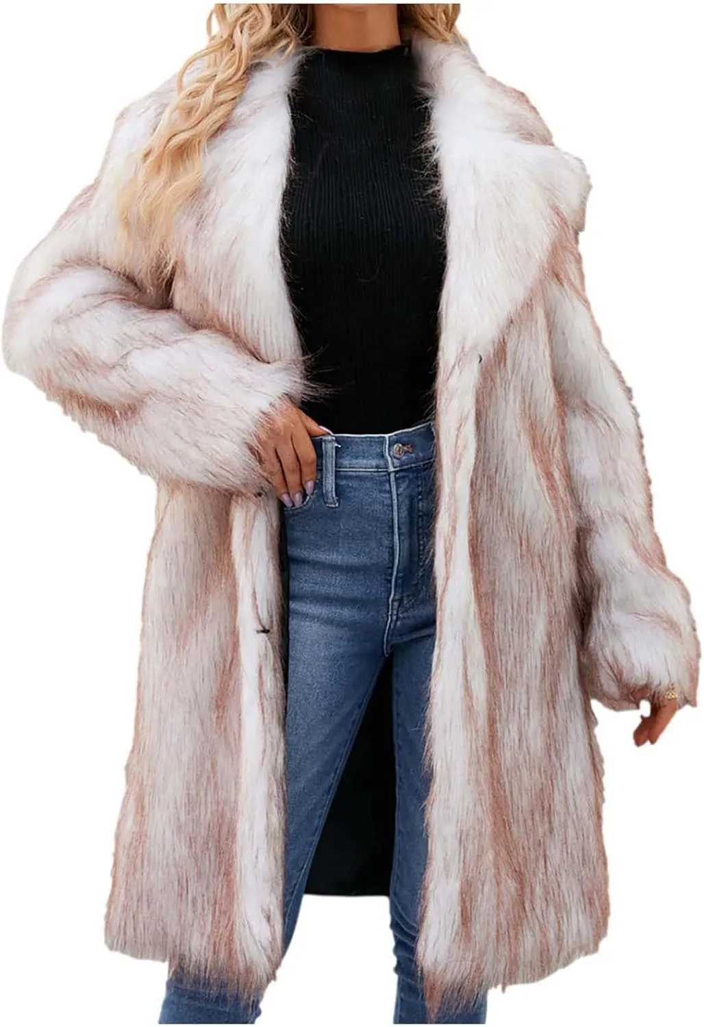 Women's Faux Fur Jackets Winter Fuzzy Cardigan Overcoat Fall Fashion Open Front Long Shaggy Coat Outerwear