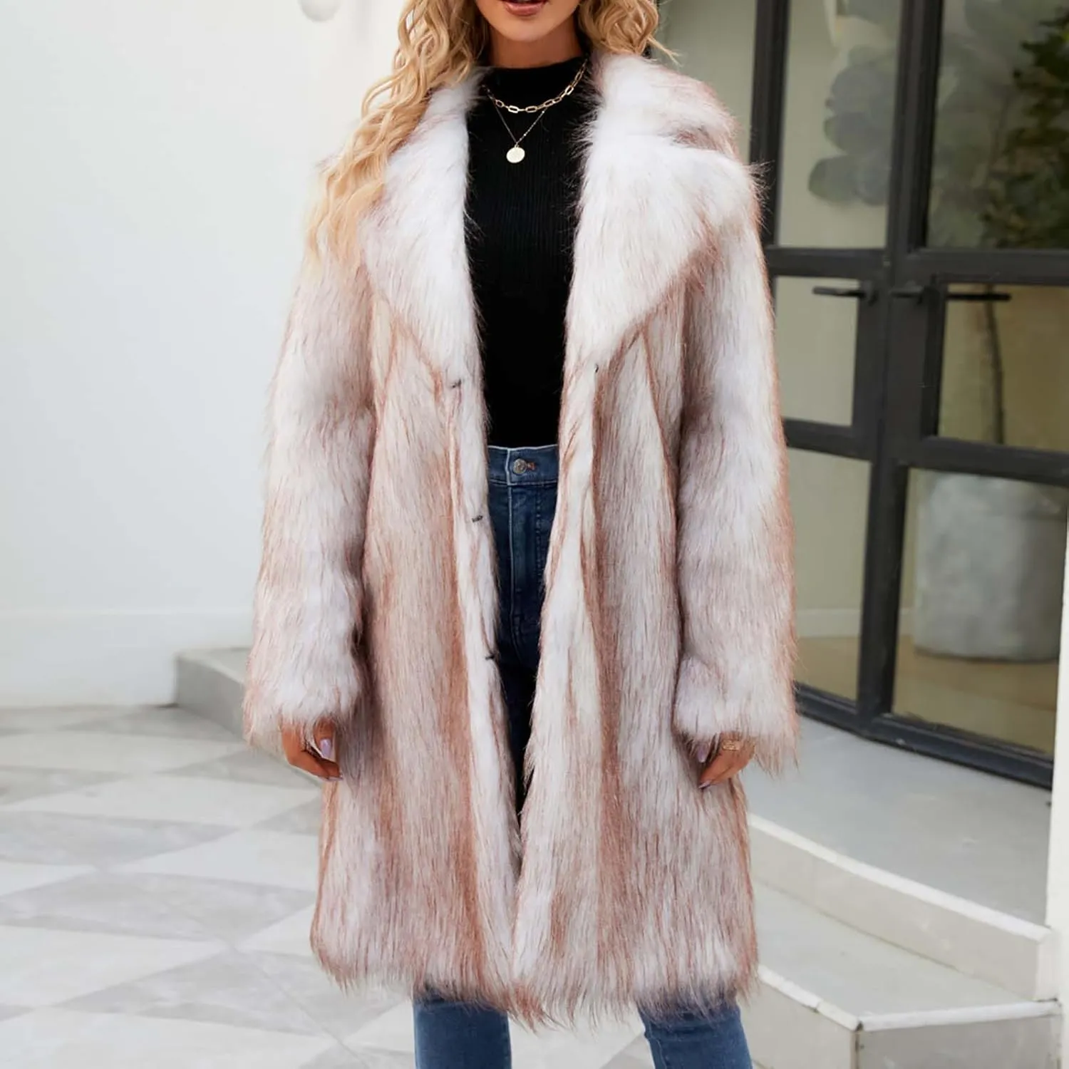 Women's Faux Fur Jackets Winter Fuzzy Cardigan Overcoat Fall Fashion Open Front Long Shaggy Coat Outerwear