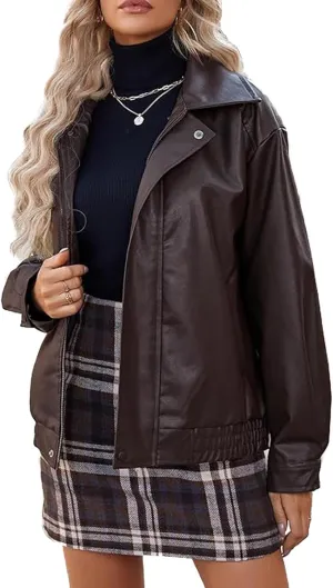 Womens Faux Leather Jackets Fashion Motorcycle Coats Oversized Bomber Y2k Tops