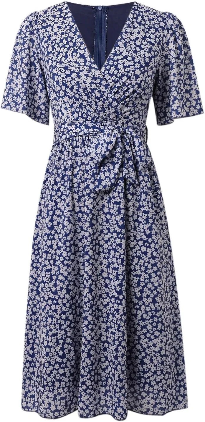Womens Floral Chiffon Dresses Printed V Neck Belted Elegant Boho Summer Dress Wedding Prom Cocktail Midi Dresses