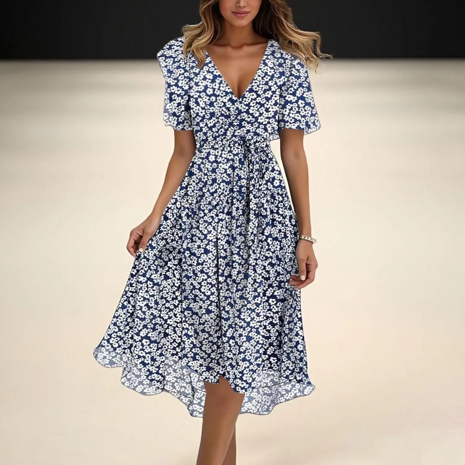 Womens Floral Chiffon Dresses Printed V Neck Belted Elegant Boho Summer Dress Wedding Prom Cocktail Midi Dresses
