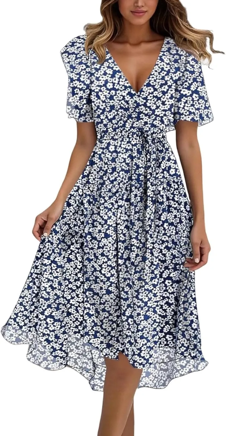 Womens Floral Chiffon Dresses Printed V Neck Belted Elegant Boho Summer Dress Wedding Prom Cocktail Midi Dresses