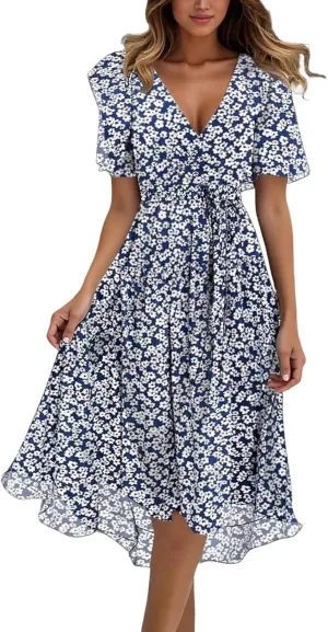 Womens Floral Chiffon Dresses Printed V Neck Belted Elegant Boho Summer Dress Wedding Prom Cocktail Midi Dresses