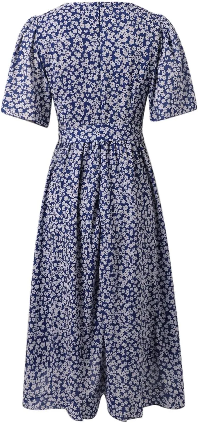 Womens Floral Chiffon Dresses Printed V Neck Belted Elegant Boho Summer Dress Wedding Prom Cocktail Midi Dresses