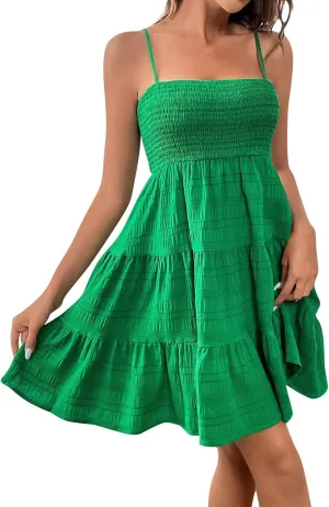 Women's Floral Dress Sleeveless Spaghetti Strap Square Neck Solid Color Ruffle Summer Boho A Line Dress, S-2XL