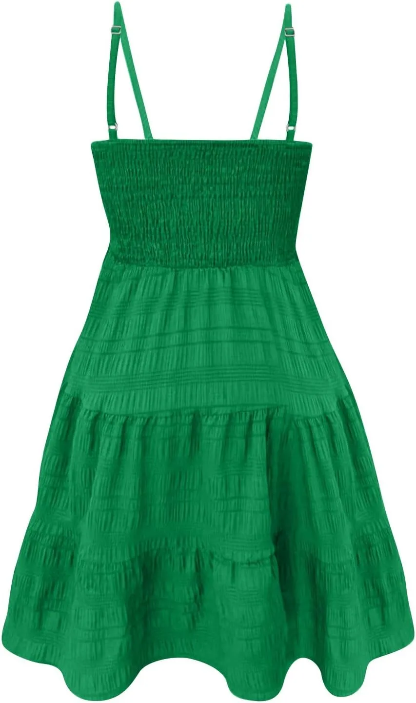 Women's Floral Dress Sleeveless Spaghetti Strap Square Neck Solid Color Ruffle Summer Boho A Line Dress, S-2XL
