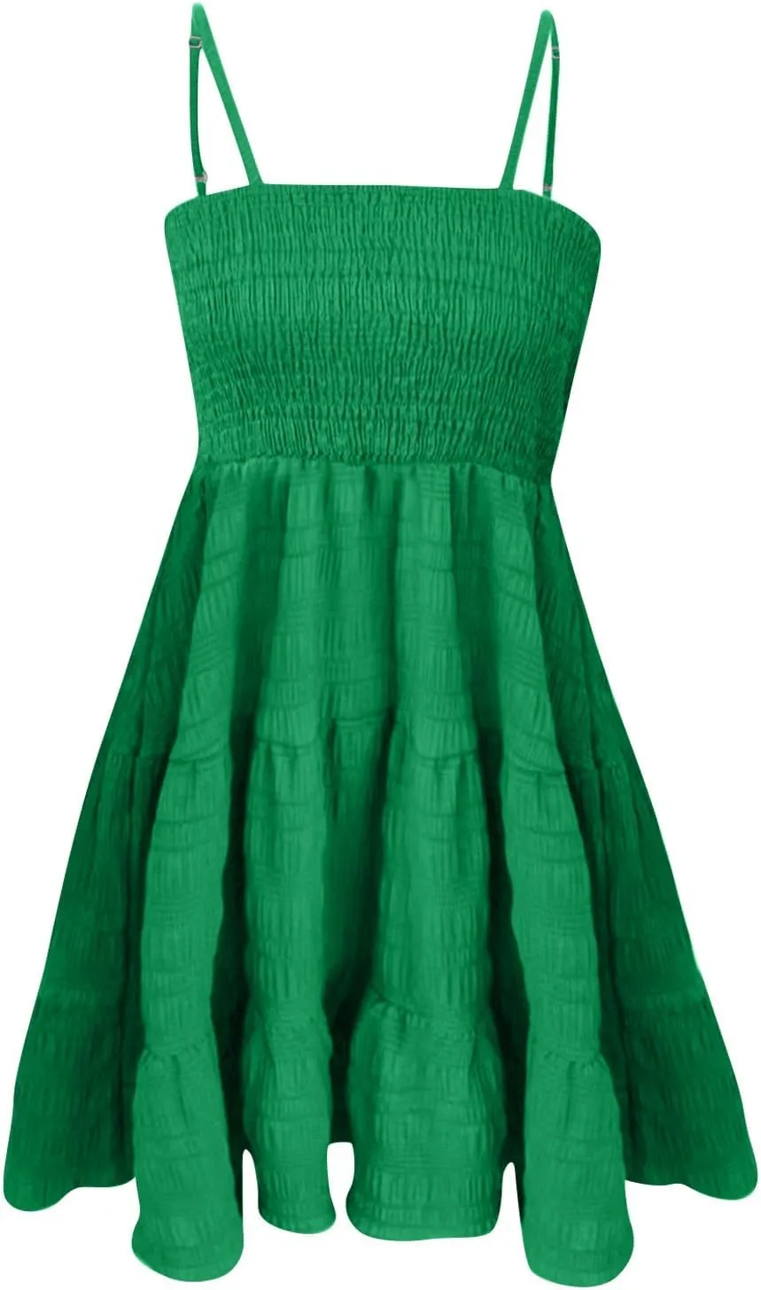 Women's Floral Dress Sleeveless Spaghetti Strap Square Neck Solid Color Ruffle Summer Boho A Line Dress, S-2XL