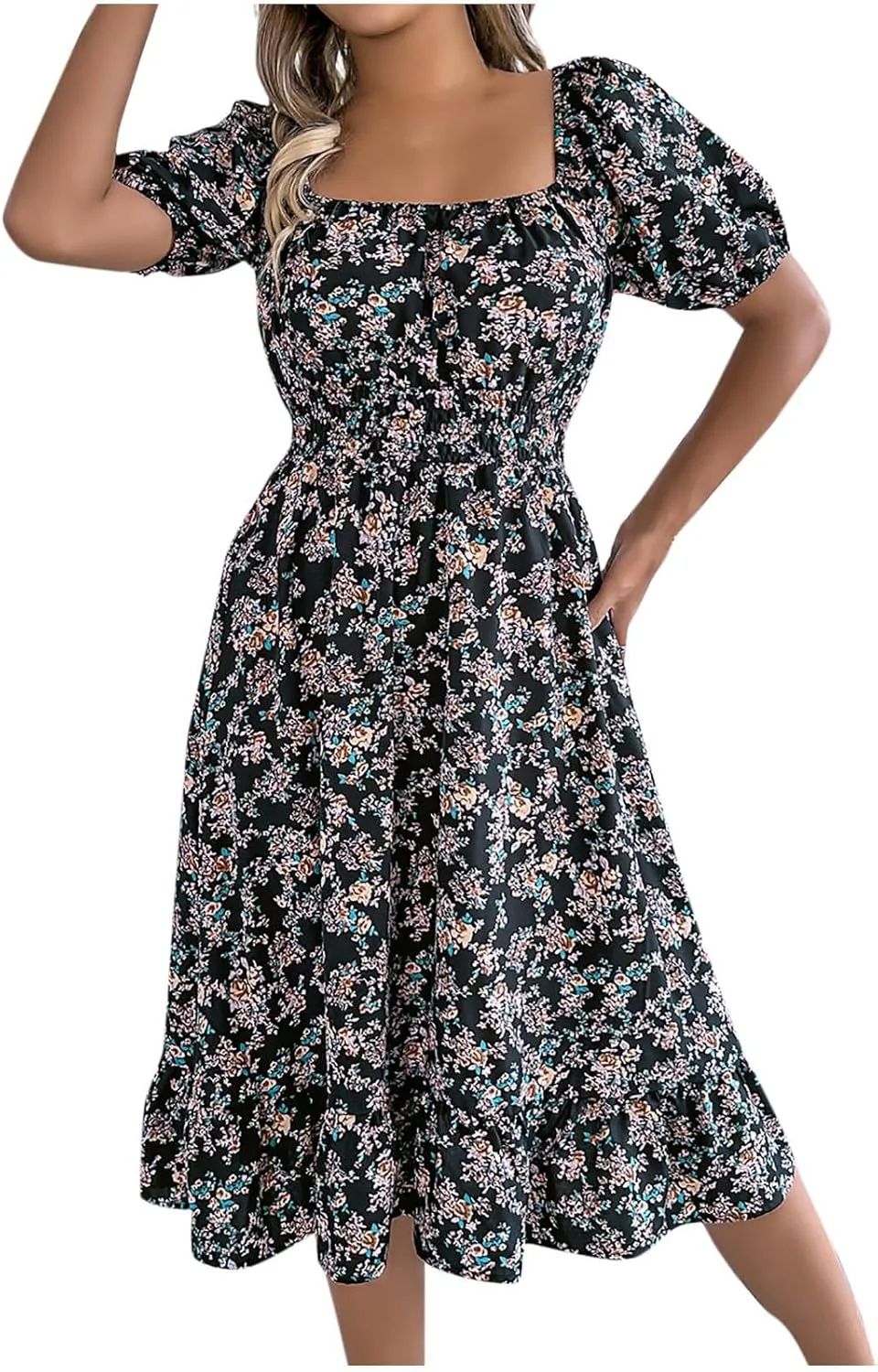 Women's Floral Print Dress Off Shoulder Short Sleeve Flowy A Line Tunic Dress Trendy Summer Beach Midi Sun Dresses