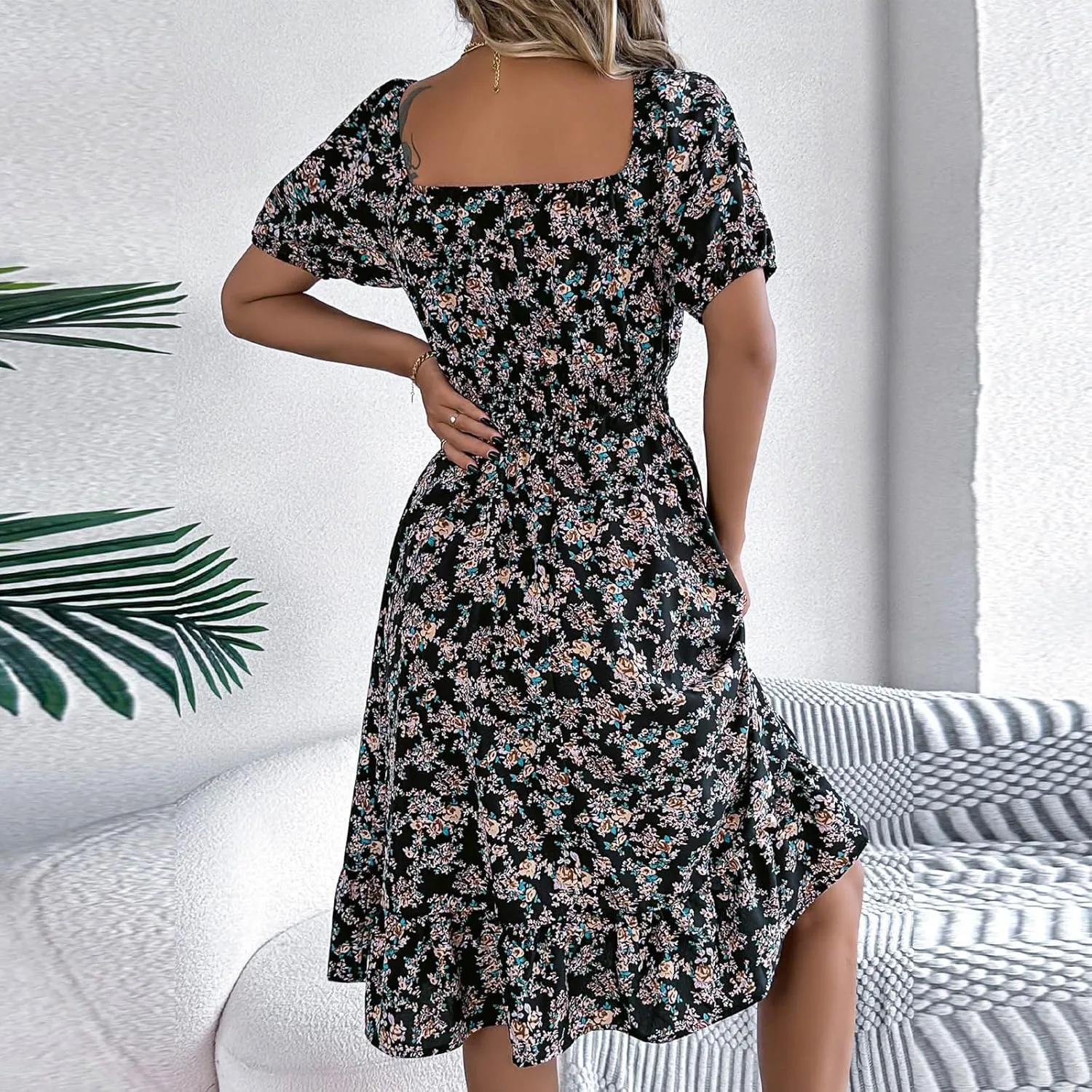 Women's Floral Print Dress Off Shoulder Short Sleeve Flowy A Line Tunic Dress Trendy Summer Beach Midi Sun Dresses
